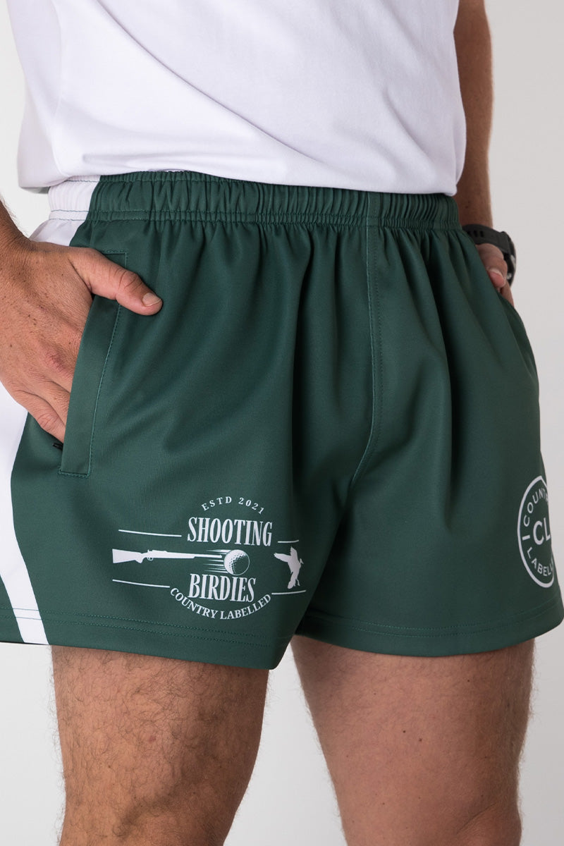 Footy Shorts - Shooting Birdies - Green & White