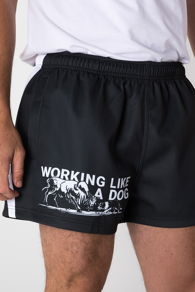 Footy Shorts - Working Like A Dog - Black & White