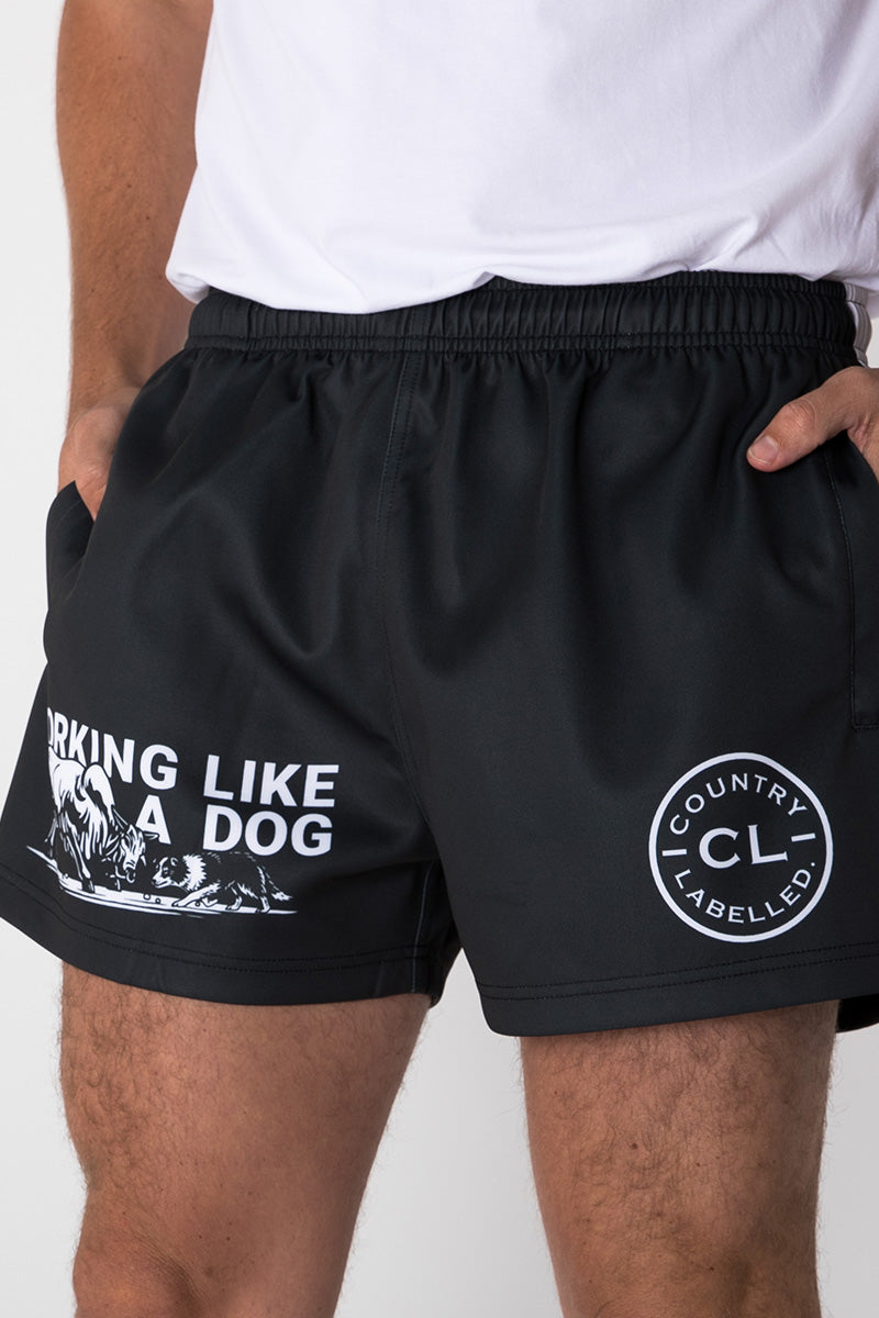 Footy Shorts - Working Like A Dog - Black & White