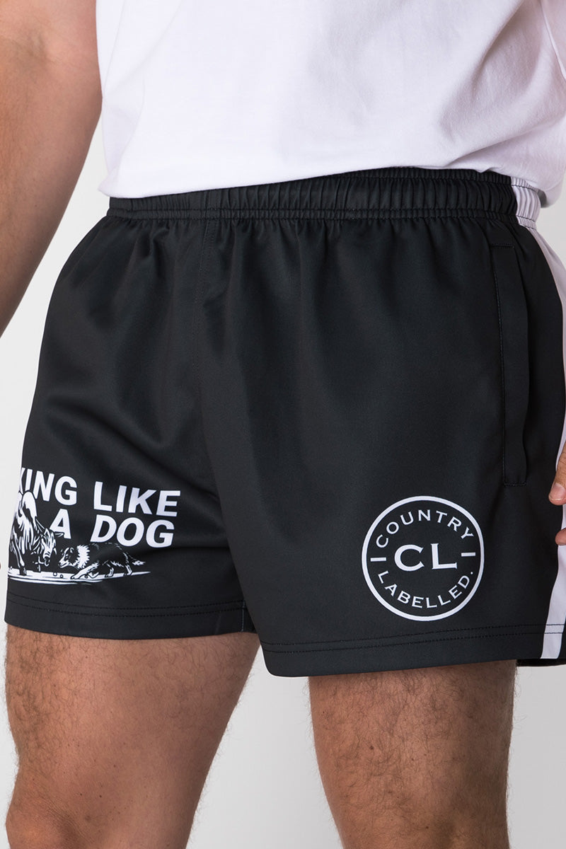 Footy Shorts - Working Like A Dog - Black & White