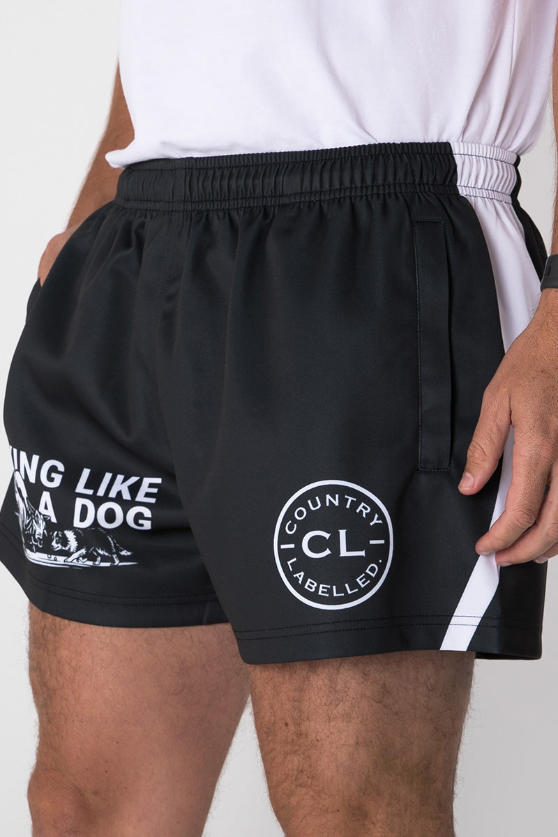 Footy Shorts - Working Like A Dog - Black & White