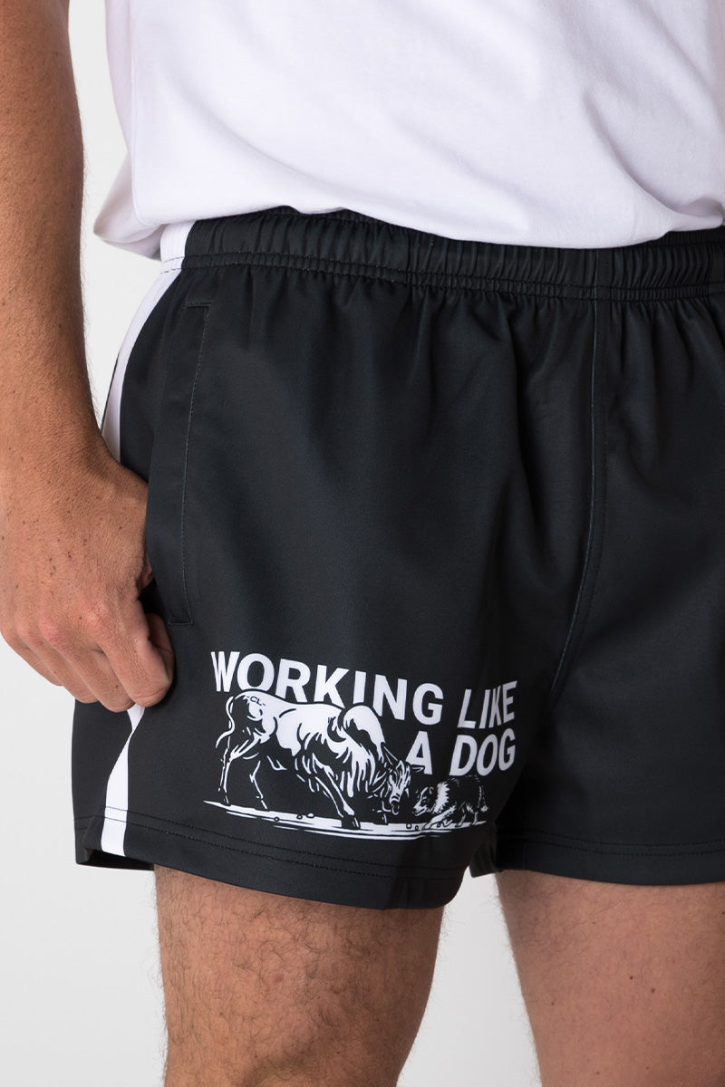 Footy Shorts - Working Like A Dog - Black & White