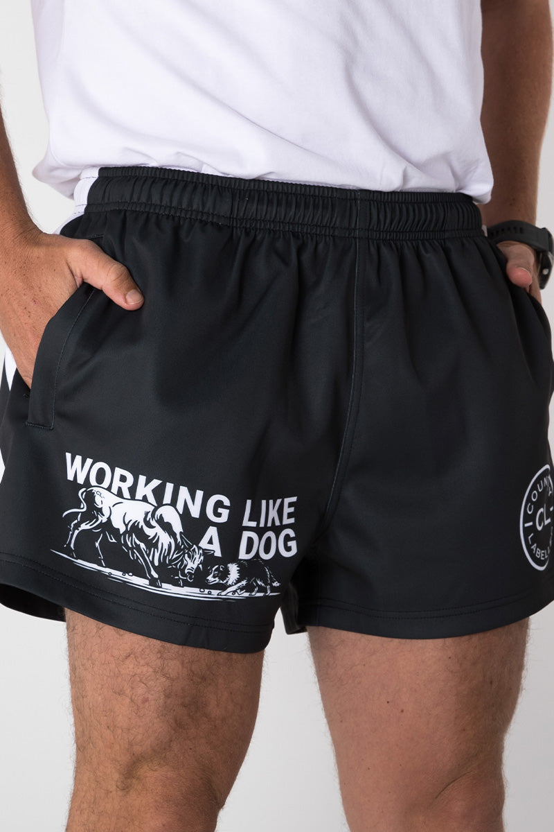 Footy Shorts - Working Like A Dog - Black & White