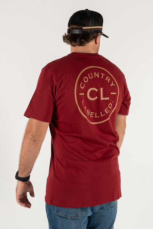 Mens Classic Signature CL T Shirt - Burgundy - Tan Logo