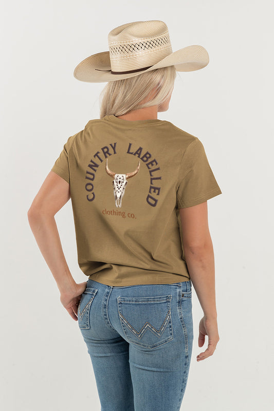 Women's Classic Signature CL T Shirt  - Camel - Western Skull Logo