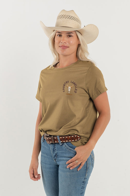 Women's Classic Signature CL T Shirt  - Camel - Western Skull Logo