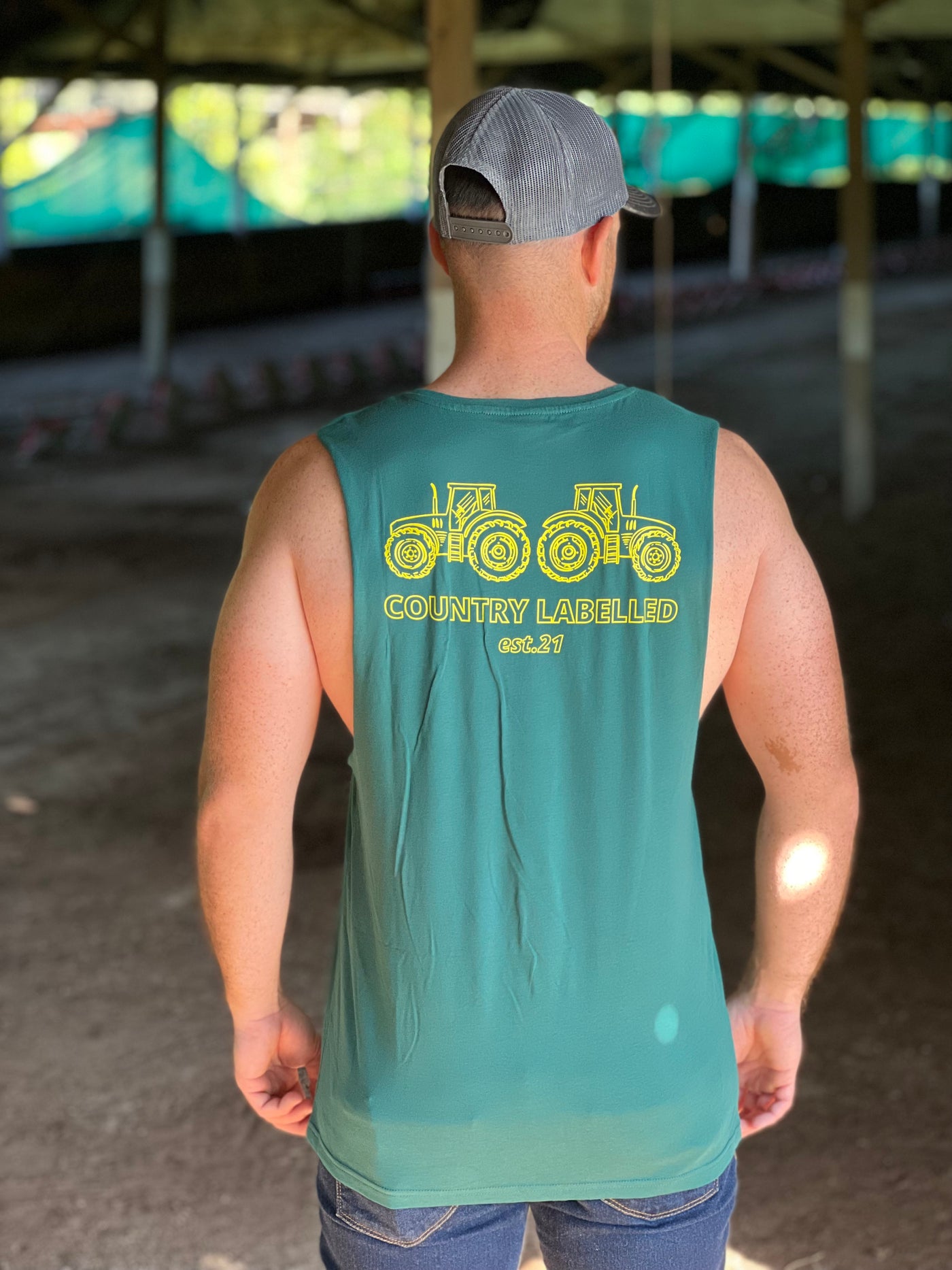 Cut From The Cloth Series Muscle Tank - Green with Yellow Tractor Print