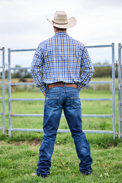 CL Cowboy Pearl Snap Button Up - Blue & Gold Check